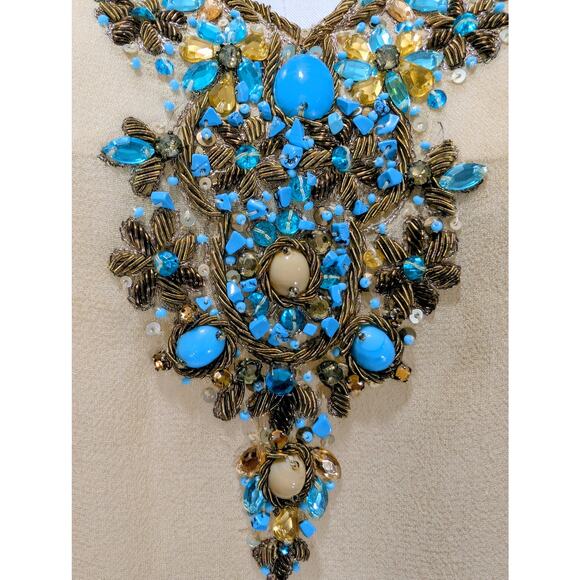 Saffron 100% Silk Beaded Tunic Top XL Beige Gold Blue Embellished Made in India - Picture 2 of 6